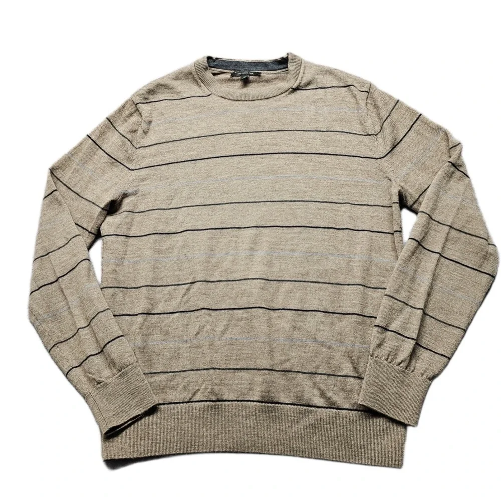 Banana Republic Sweater Mens M Brown Striped Knit Merino Wool Crew Neck Pullover
